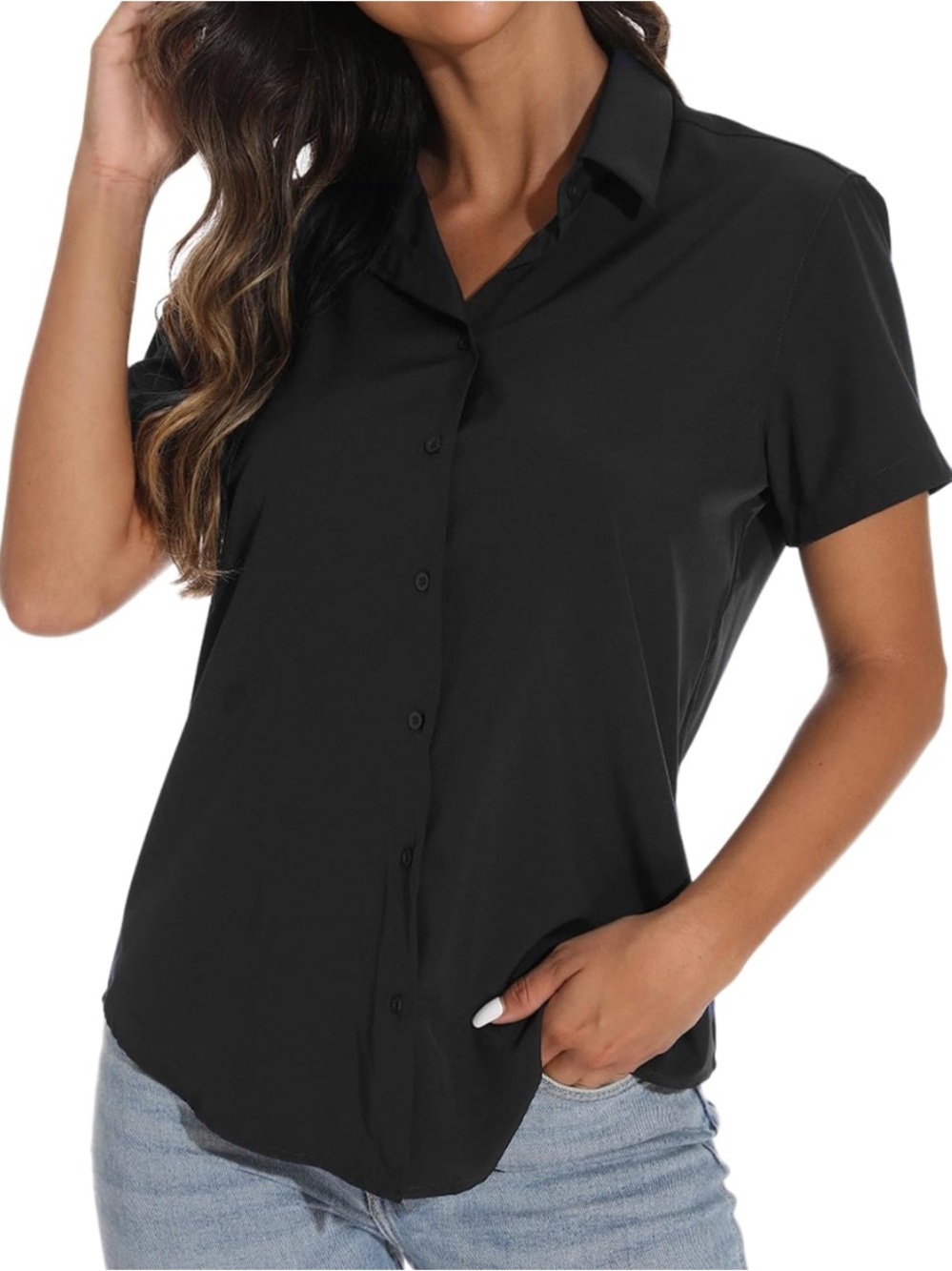 Black Short-Sleeve Button-Up Shirt - Women's Casual Top Worn Once